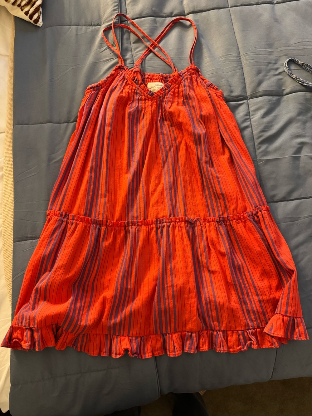 Universal Thread Red and Navy Striped Tiered Sundress with Crisscross Straps